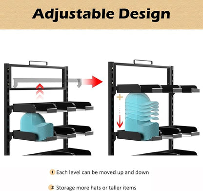 Large Hat Rack Stand - 6 Tier Adjustable Ball Cap Storage Organizer With 18 Plate Tray for 180 Baseball Hat,Standing Coat Rack, Commercial Home Use, Black Metal Shelving