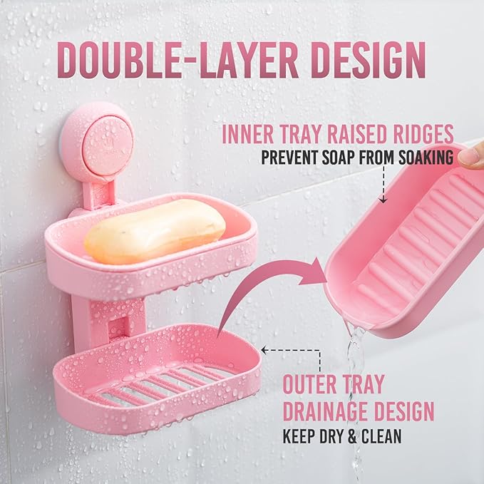 TAILI Soap Holder Soap Dish for Shower, Suction Cup Soap Holder for Shower Wall, Bathroom Accessories, Removable Strong Hold Soap Saver, Drill Free, Pink 2 Layer