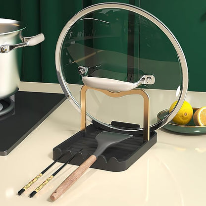 Stainless Steel Pot Lid Holder - Kitchen Organizer & Utensil Storage Rack with Detachable Drain Tray, Non-Slip Anti-Rust Countertop Space Saver for Spoons, Spatulas, Ladles, Tongs, Black Gold