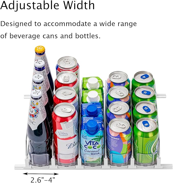 Drink Organizer for Fridge, Self-Pushing Soda Can Organizer for Counter Refrigerator, Width Adjustable Pusher Glide, White, 12”depth-5rows