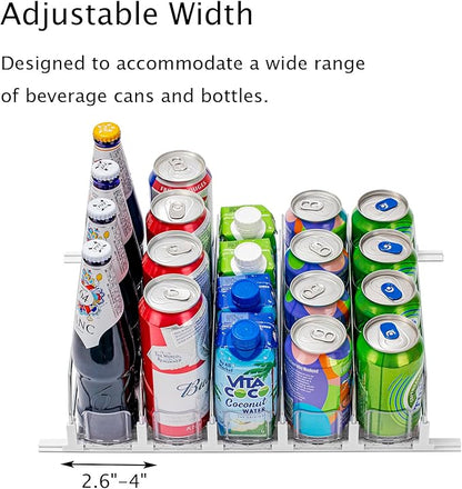 Drink Organizer for Fridge, Self-Pushing Soda Can Organizer for Counter Refrigerator, Width Adjustable Pusher Glide, White, 12”depth-5rows