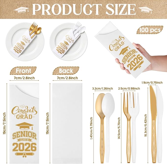 Funnymoom 400 Pcs 2026 Graduation Wrapped Silverware Bags Holder - Disposable Dinnerware Set Includes Plastic Spoons Knives and Forks, Class of 2026 Parties School Congrats Supplies(White and Gold)