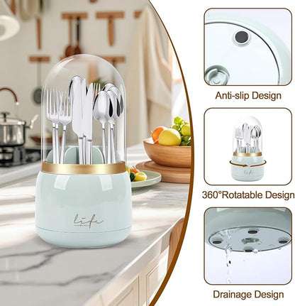 360° Rotating Silverware Utensil Holder for Kitchen Counter, Spoon and Fork Holder with Cover, Cooking Utensil Organizer with 7 Slots and Intermediate Drainage Device for Kitchen Decor(Green)