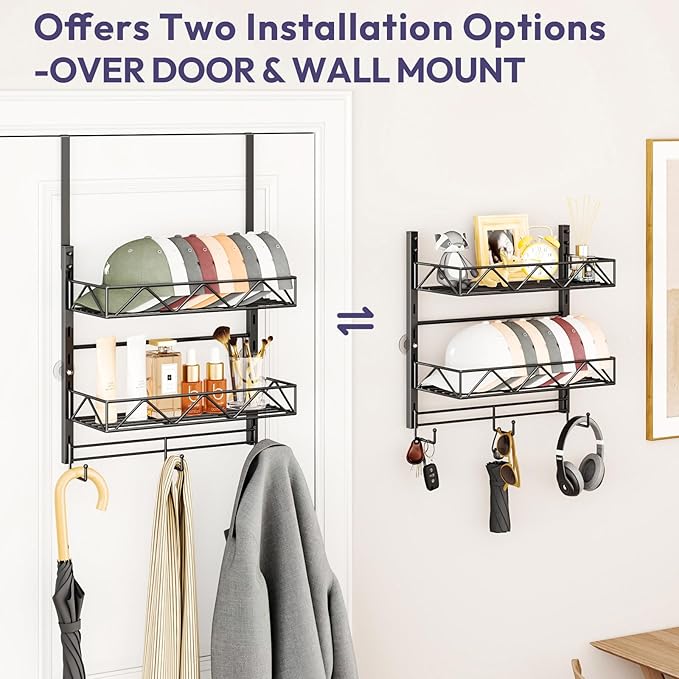 SWTYMIKI Over Door Hat Organizer - 3 Tier Wall Mounted Hat Rack with 2 Adjustable Metal Basket and 3 Hooks, Hanging Baseball Cap Organizer Storage Holds up to 29 Caps for Door, Bedroom, Closet