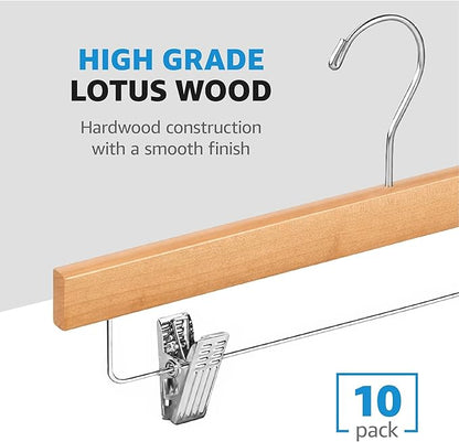 ZOBER Wooden Pants Hangers with Clips - 10 Pack Premium Solid Lotus Wood Skirt Hangers for Women, Heavy Duty Wooden Hanger with Adjustable Metal Grip Clips for Jeans and Shorts, Smooth Finish, Natural