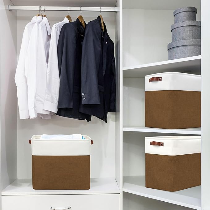 Bagnizer Large Fabric Storage Baskets | 50L Storage Bins, Decorative Linen Closet Baskets with Handles for Organizing, Shelf, Toys, Clothes, Home, Office, Nursery, 17x12x15Inches (Brown&White)