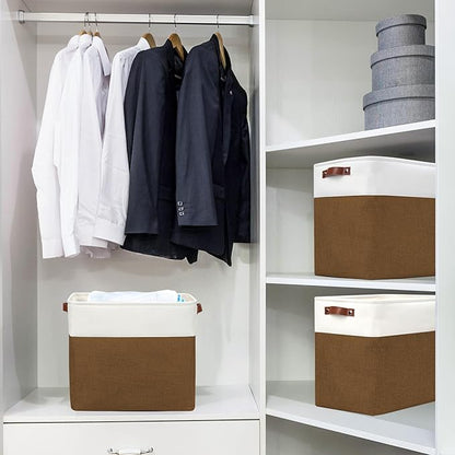 Bagnizer Large Fabric Storage Baskets | 50L Storage Bins, Decorative Linen Closet Baskets with Handles for Organizing, Shelf, Toys, Clothes, Home, Office, Nursery, 17x12x15Inches (Brown&White)