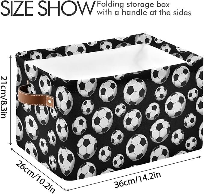 Football Soccer Large Storage Basket Cube Storage Bin Canvas Fabric Organizer Handles Collapsible Decorative for Clothes Toys Bedroom