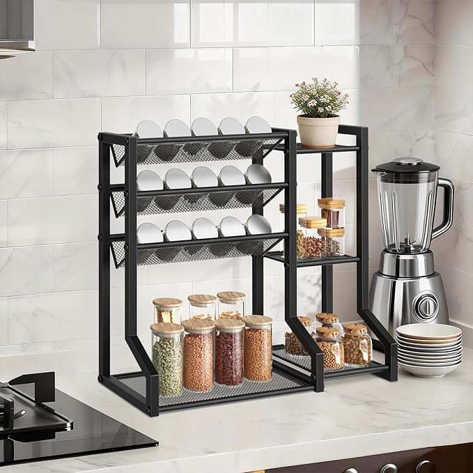 HOOBRO 4-Tier Spice Rack, Seasoning Organizer, Stackable Spice Rack Organizer, Spice Jar Storage Organizer, for Kitchen, Cupboard, Countertop, Black BK48TL01