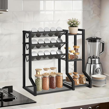 HOOBRO 4-Tier Spice Rack, Seasoning Organizer, Stackable Spice Rack Organizer, Spice Jar Storage Organizer, for Kitchen, Cupboard, Countertop, Black BK48TL01
