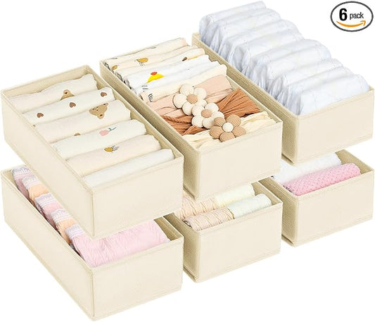 DIMJ Drawer Organizer Clothes - Underwear Organizer Small Sock Organizer Closet Organizers and Storage Box Dresser Drawer Dividers for Baby Clothes,Bra,Socks, Belt, Tie, Set of 6,Beige