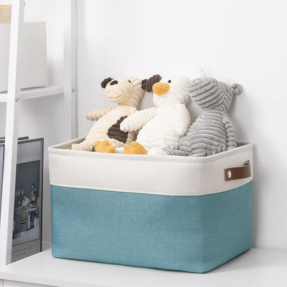 DULLEMELO Fabric Storage Basket for Shelves/Closets, Collapsible Rectangle Basket for Organizing Clothes, Toys, Towels, Books, Laundry, Nursery, Dog Toy Basket Empty (White&Teal)