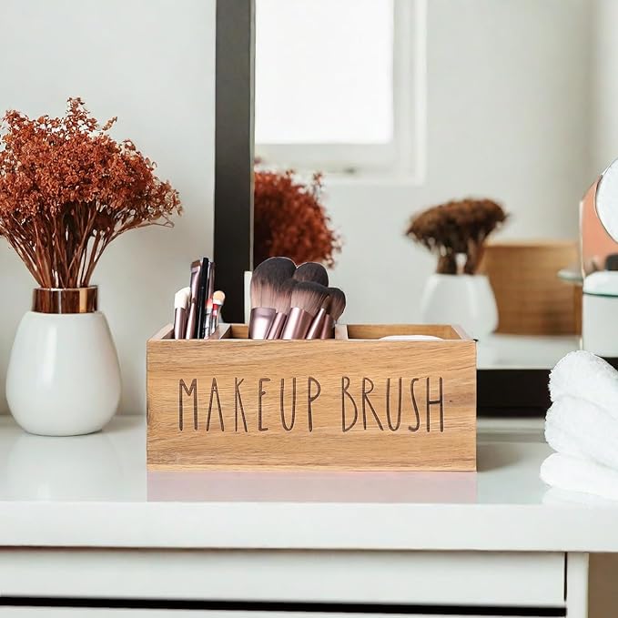 LBEMEY Acacia Wood Makeup Brush Organizer for Vanity,Cosmetic Skincare Organizers, Makeup Organizer with 3 Slots,Organizer Countertop for Cosmetics,Skincare, Brushes, Mascara,Lipstick,Pencils, Brown