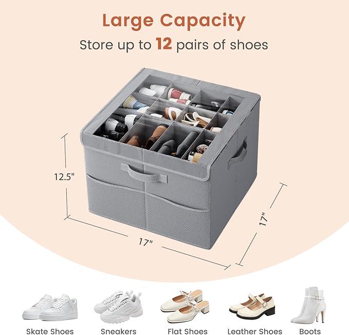 PHINOX Shoe Organizer for Closet, Fits 12-24 Pairs, Shoe Storage Bins with Clear Cover and Reinforced Handles, Foldable Shoe Storage Organizer, Space Saving Shoe Holder for Wardrobe, 1 Pack Gray