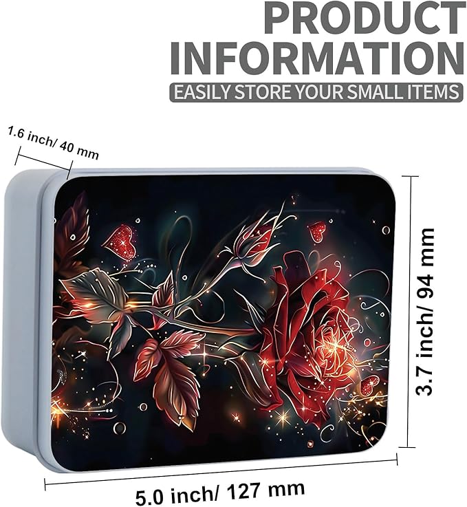 Metal Tin Box Sturdy Metal Storage Box with Lid, Large Container Holder for TCG Cards,Car Keys,Cookies,Tin Containers for Gift,5.0x3.7x1.6 Inch,Exquisite Pattern Design(Darkness Roses)