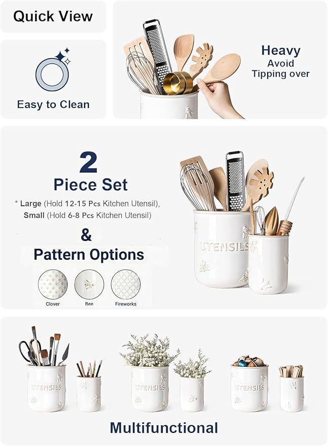 LE TAUCI Utensil Holder for Kitchen Counter - 6.9"+5.3" Ceramic Kitchen Utensil Holder Set of 2, Large Cooking Utensil Crock & Organizer for Spatula, Spoon - Embossed Kitchen Decor, White,Bee