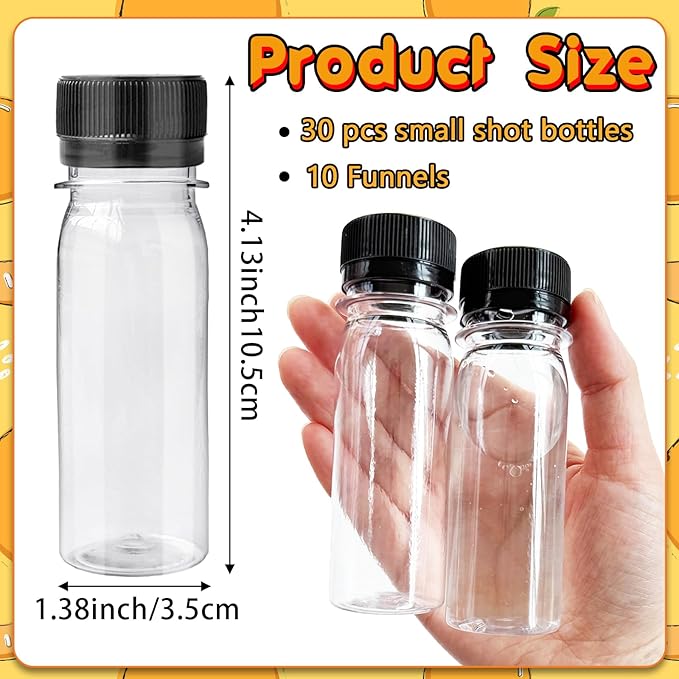 30 Pcs 2oz Plastic Bottles with Black Lids,Round Ginger Shots containers with 10 Funnels,Small Leak-Proof Juice Bottles for Milk,Drinking,Potion,Ginger Shots,Whiskey