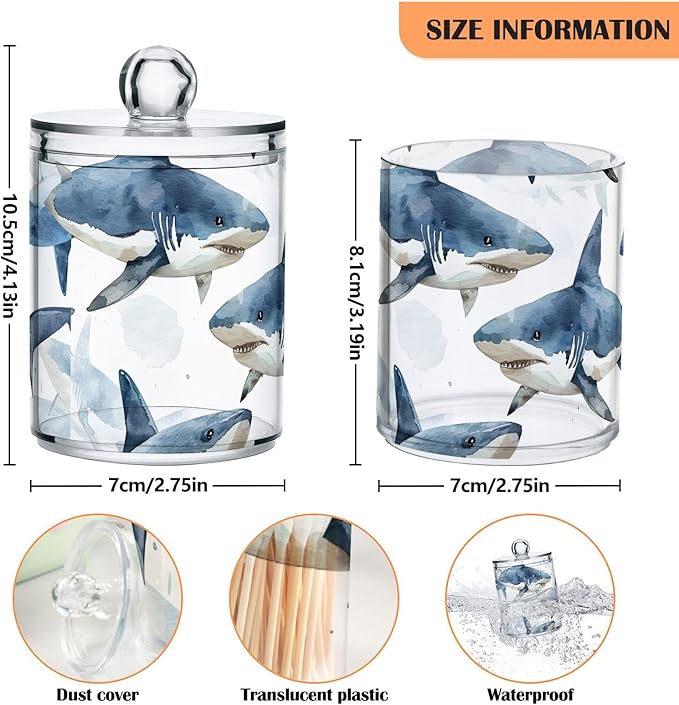 Fierce Sharks 4 Pack Plastic Storage Jar with Lid, Cotton Swabs Cans, Bathroom Canisters for Organizing Cotton Balls, Floss