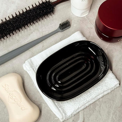 Ceramic Marble Pattern Soap Dish, Textured Raised Soap Saver Tray for Shower Bathroom Kitchen Sink Vanity, Easy to Clean Multi-Use Holder for Bar Soap Jewelry Rings Keys, Black (1 Pack)