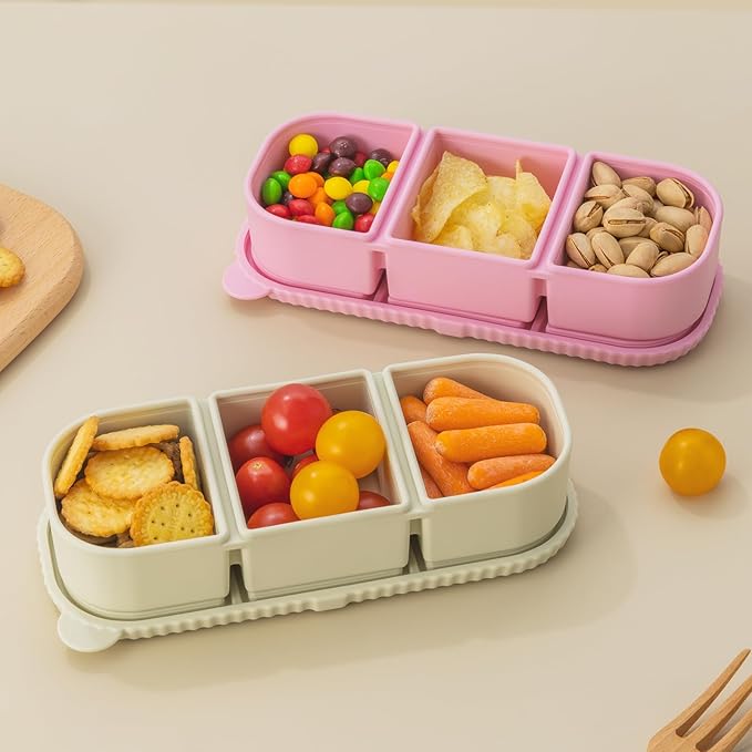2Pack Silicone Reusable Snack Containers with Lids | Small 3-Compartment Snackle Box |Perfect for Kids Lunch, Sauce, Food Storage at School, Work, Travel