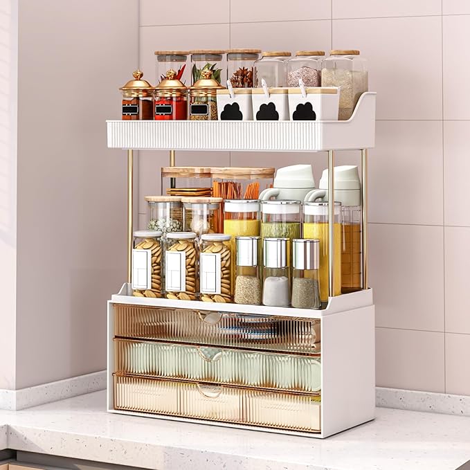 caktraie Bathroom Organizers and Storage - 3 Drawers 2 Tier Makeup Organizer, Cosmetic Storage Drawer for Dresser Countertop and Bathroom Vanity for Large Skincare, Perfume, Amber