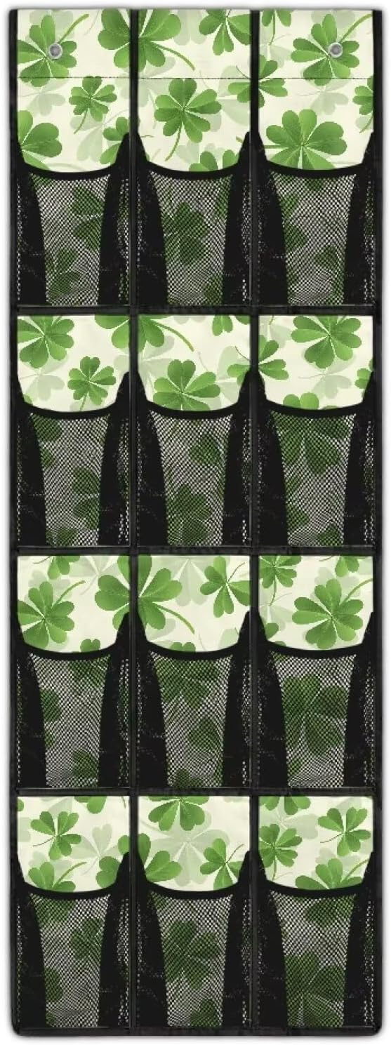 12-Pocket Storage Hanging Bag Behind the Door, Over the Door Organizer for Shoes Toys and Bathroom Essentials, Fabric Door Organizer for Bedroom Closet Dorm, Green Lucky Leaves