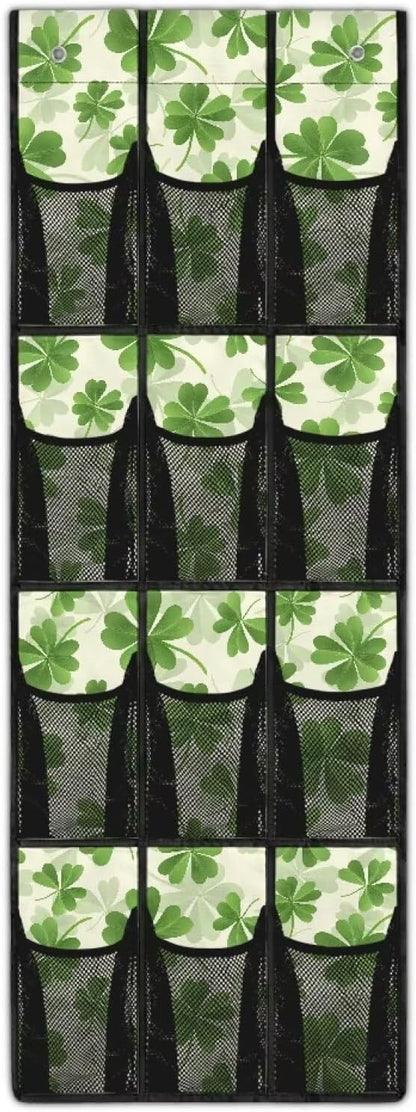 12-Pocket Storage Hanging Bag Behind the Door, Over the Door Organizer for Shoes Toys and Bathroom Essentials, Fabric Door Organizer for Bedroom Closet Dorm, Green Lucky Leaves