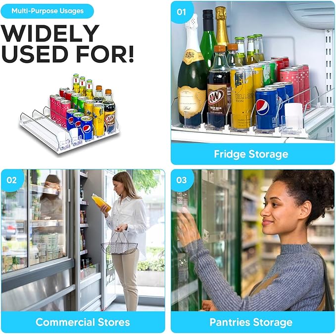 Fully Assembled Drink Beverage Fridge Organizer, Automatic Self-Pusher Glide, Adjustable Width, Soda Can Water Beer Bottle Beverage, 12oz to 20oz, Home Kitchen, Commercial Refrigerator (White)