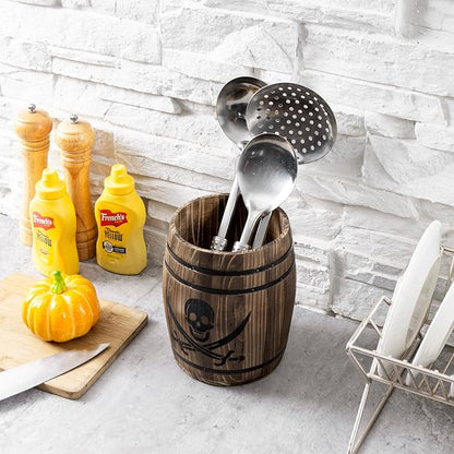 MyGift Rustic Burnt Wood Pirates Rum Cask Style Kitchen Utensil Crock, Vintage French Wine Barrel Cooking Tools Holder with Skull and Cutlass Sword Design