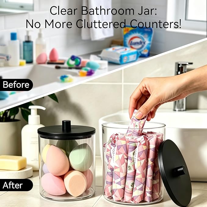 Amolliar Laundry Pods Storage Container, Clear Laundry Room Organization, 2 Pack Large Detergent Container with Bamboo Lids & 27 Labels for Bathroom Organizer (Black, 0.6+0.4Gal)
