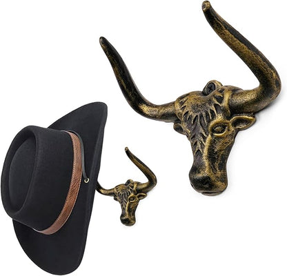 Cowboy Hat Hooks for Wall 2 Pack Bull Head Metal Cowboy Hat Holder Rack Cast Iron Hanger Vintage Western Decor Longhorn Hooks Gold Wall Decor Animal Hooks for Closet Bedroom Living Room Western Gifts