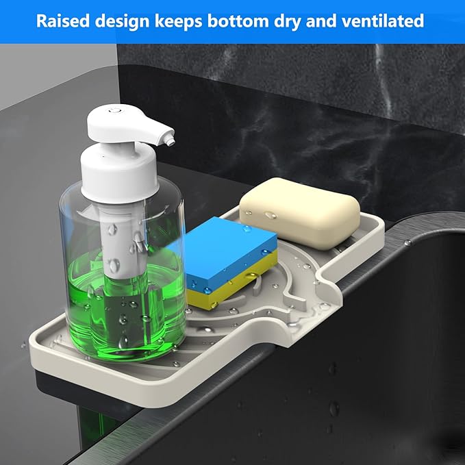 Sponge Holder for Kitchen Sink, Dish Sponge Holder & Soap Tray with Drain, Bathroom Sink Sponge Drying Rack & Perfect Organizer for Dispenser,Bottle,Cup on Sinks or Counter (10"x 4"Cream)