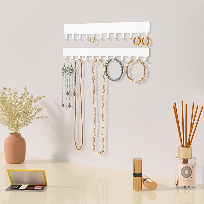 Bussdis Necklace Holder - Hanging Jewelry Organizer, Self-Adhesive, Wall Mount, 2 Pack, White