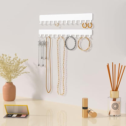 Bussdis Necklace Holder - Hanging Jewelry Organizer, Self-Adhesive, Wall Mount, 2 Pack, White