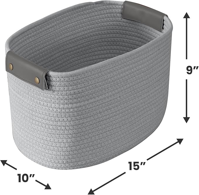 3 Pack Cotton Rope Storage Basket Woven Shelf Storage Bin with Faux Leather Handles, Decorative Closet Shelf Woven Basket for Storage Organizers, 15 x 10 x 9, Gray