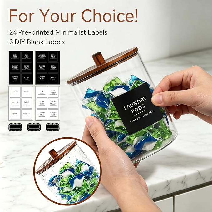 Amolliar Laundry Pods Storage Container, Clear Laundry Room Organization, 1 Pack Large Detergent Container with Dark Wood Lid & 27 Labels for Bathroom Organizer (0.6 Gal)
