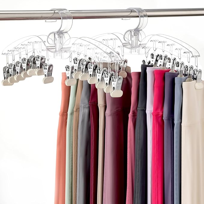 Imncya Legging Hanger for Closet, 2 Pack Plastic Yoga Pants Organizer w/14 Clips Holds 28 Leggings, Space Saving Hanging Pants Hangers for Closet Organizers and Storage (Large Clear)