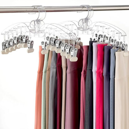 Imncya Legging Hanger for Closet, 2 Pack Plastic Yoga Pants Organizer w/14 Clips Holds 28 Leggings, Space Saving Hanging Pants Hangers for Closet Organizers and Storage (Large Clear)