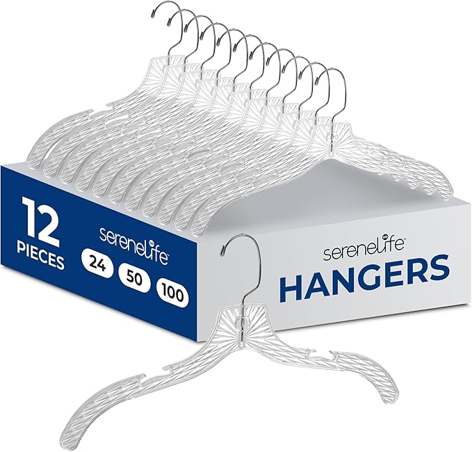SereneLife 12 Pack Transparent Plastic Hangers, Crystal Clear, Non-Slip with Notched Shoulders, Ultra-Thin Space Saving, Closet & Retail Use, with Swivel Hook for Clothes, Shirts, Dresses, Jackets
