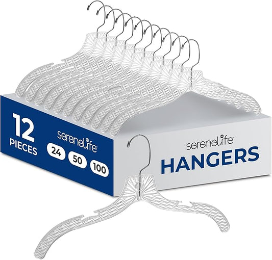 SereneLife 12 Pack Transparent Plastic Hangers, Crystal Clear, Non-Slip with Notched Shoulders, Ultra-Thin Space Saving, Closet & Retail Use, with Swivel Hook for Clothes, Shirts, Dresses, Jackets