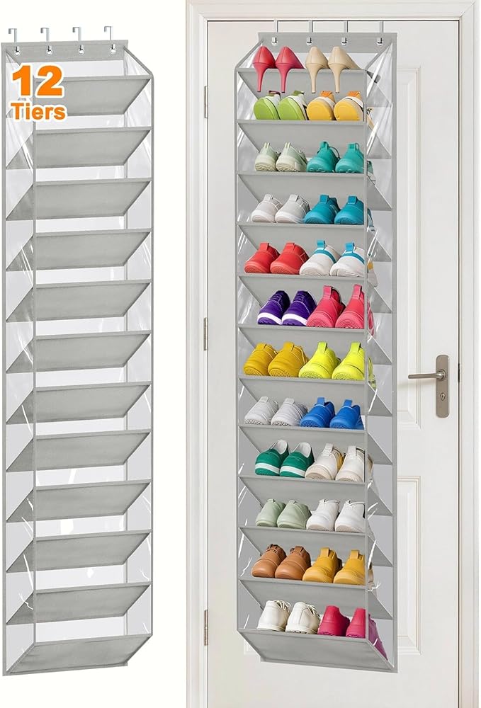MISSLO 36 Pairs Clear Over the Door Shoe Organizer Closet Hanging Shoe Rack for Door with Large Deep Pockets Shoes Hanger Holder for Sneakers, Boots, Heels Storage (Grey)
