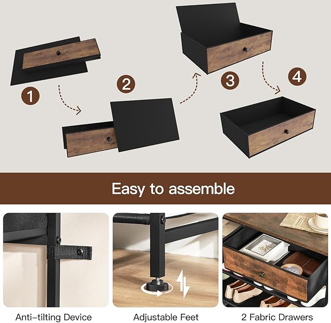 usikey Shoe Rack, 5 Tier Shoe Storage Organizer with 2 Drawers, Metal Shoe Shelf for 16-20 Pairs of Shoes, with 4 Oxford Fabric Shelves and Wooden Top, Shoe Stand for Closet, Rustic Brown UNYXJX009F