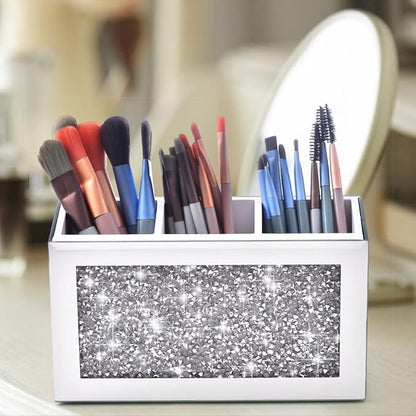 Mirrored Makeup Brush Holder Organizer, 3 Compartments Cosmetic Brush Storage Holders, Crushed Diamond Remote control holder, Pen and Pencil Holder for Desk, Eyeliners Display Case for Vanity