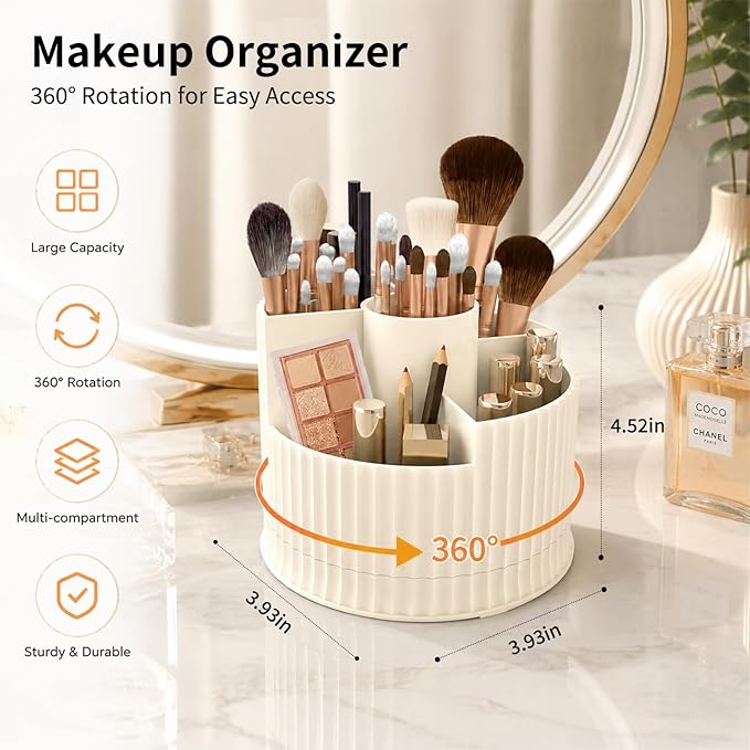 360° Rotating Makeup Brush Holder Organizer, 5 Slot Make up Brushes Cup for Cosmetics, Nail Polish, Art Supply, Skincare, Perfume, Bathroom Vanity Desktop Organizer - Creamy white