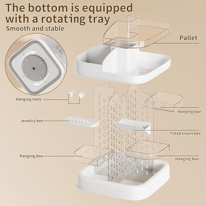 360 Rotating Makeup Organizer for Vanity & Countertop, Clear Adjustable Height Tiered Cosmetic and Skincare Storage, Spinning Perfume and Brush Holder, Jewelry Accessories Desktop Organizer, White