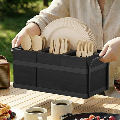 Wood Silverware Caddy Paper Plate Dispenser Utensil Caddy, Cutlery Holder for Party Cutlery Flatware Organizer Box for Knives, Spoons, Cups, Forks, Napkins