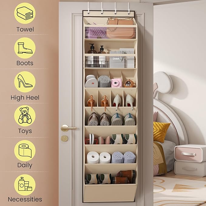 Mefirt 16-20 Pairs Over the Door Shoe Organizer, Clear Pockets Shoe Rack for Closet Door, Hanging Shoe Rack for Boots, Behind the Door Shoe Holder Fit All the Family's Sneakers, Boots, Heels, Beige