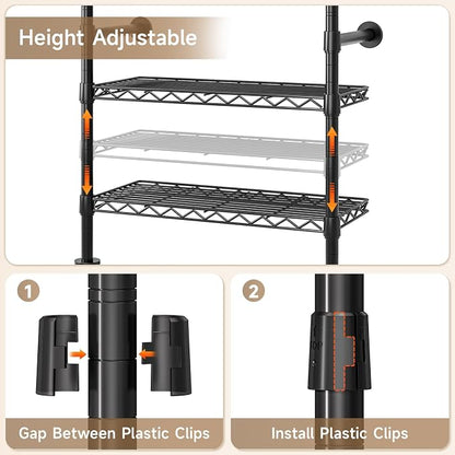 Wall Mounted Garment Rack, Walk-in Closet System with Expandable Rods, Adjustable Shelves, Industrial Pipe Clothing Racks, Hanging Clothes Organizers and Storage, Metal Closet Shelving Wardrobe