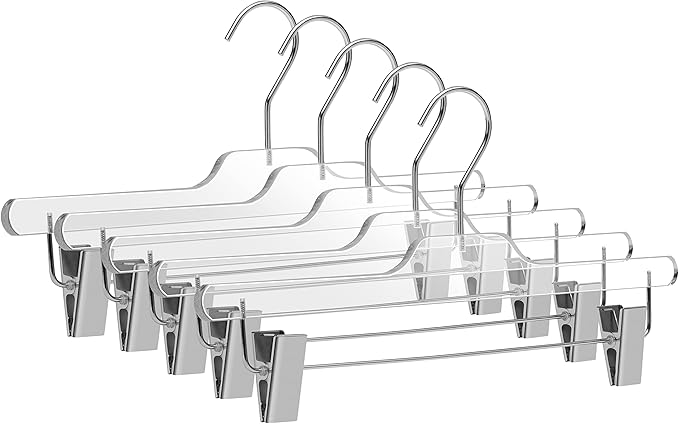 Quality Lucite Acrylic Clear Skirt Pants Hangers 90-Pack, with Adjustable Chrome Metal Clips, Made of Clear Acrylic for a Luxurious Look and Feel with Swivel Hook, Trousers Bottom Hangers