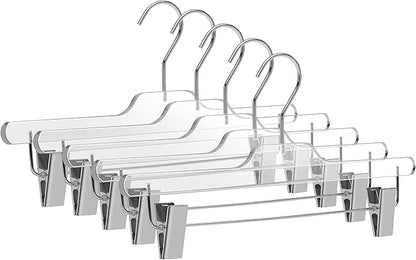 Quality Lucite Acrylic Clear Skirt Pants Hangers 90-Pack, with Adjustable Chrome Metal Clips, Made of Clear Acrylic for a Luxurious Look and Feel with Swivel Hook, Trousers Bottom Hangers